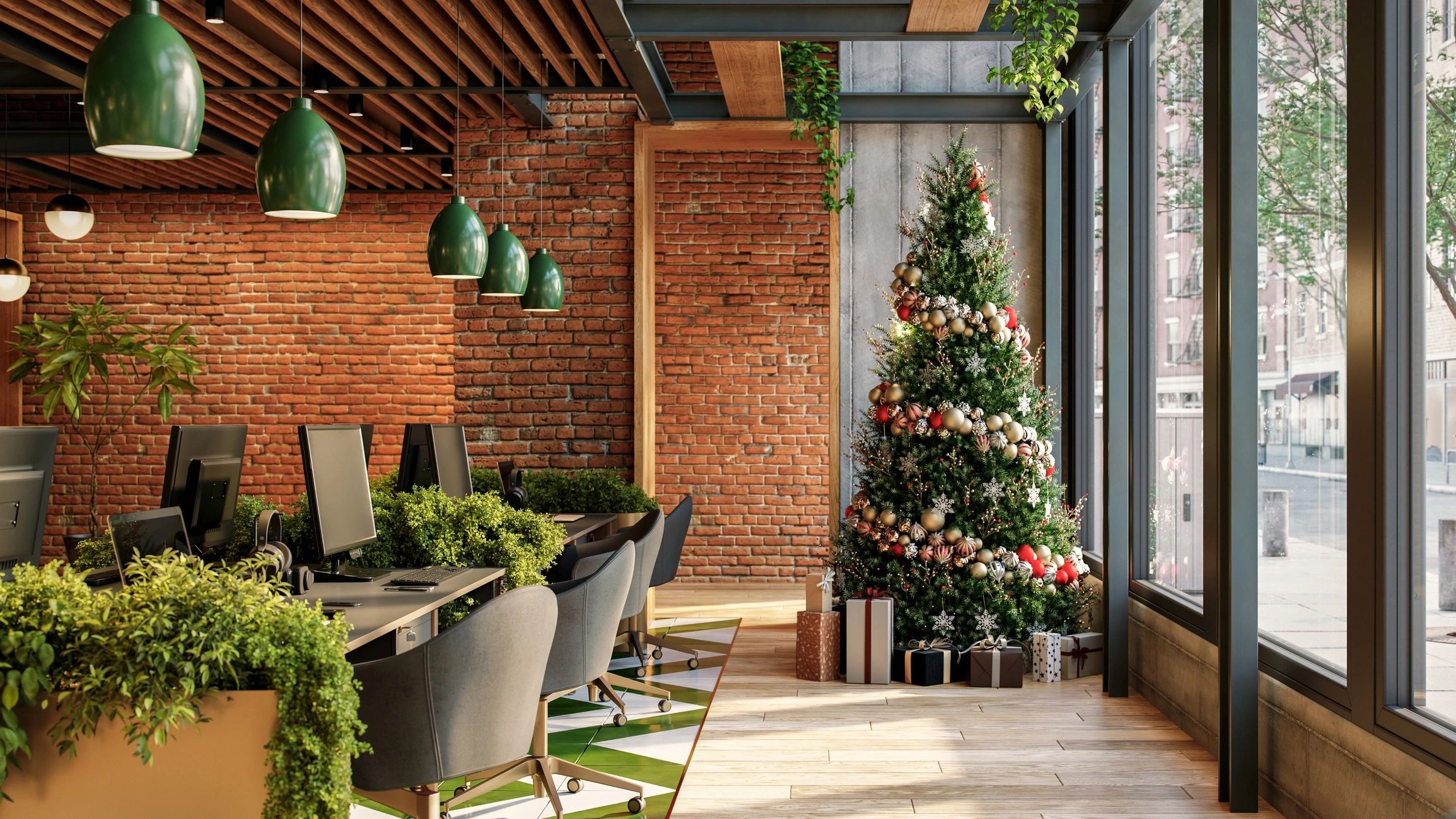 Brick wall office with Christmas tree
