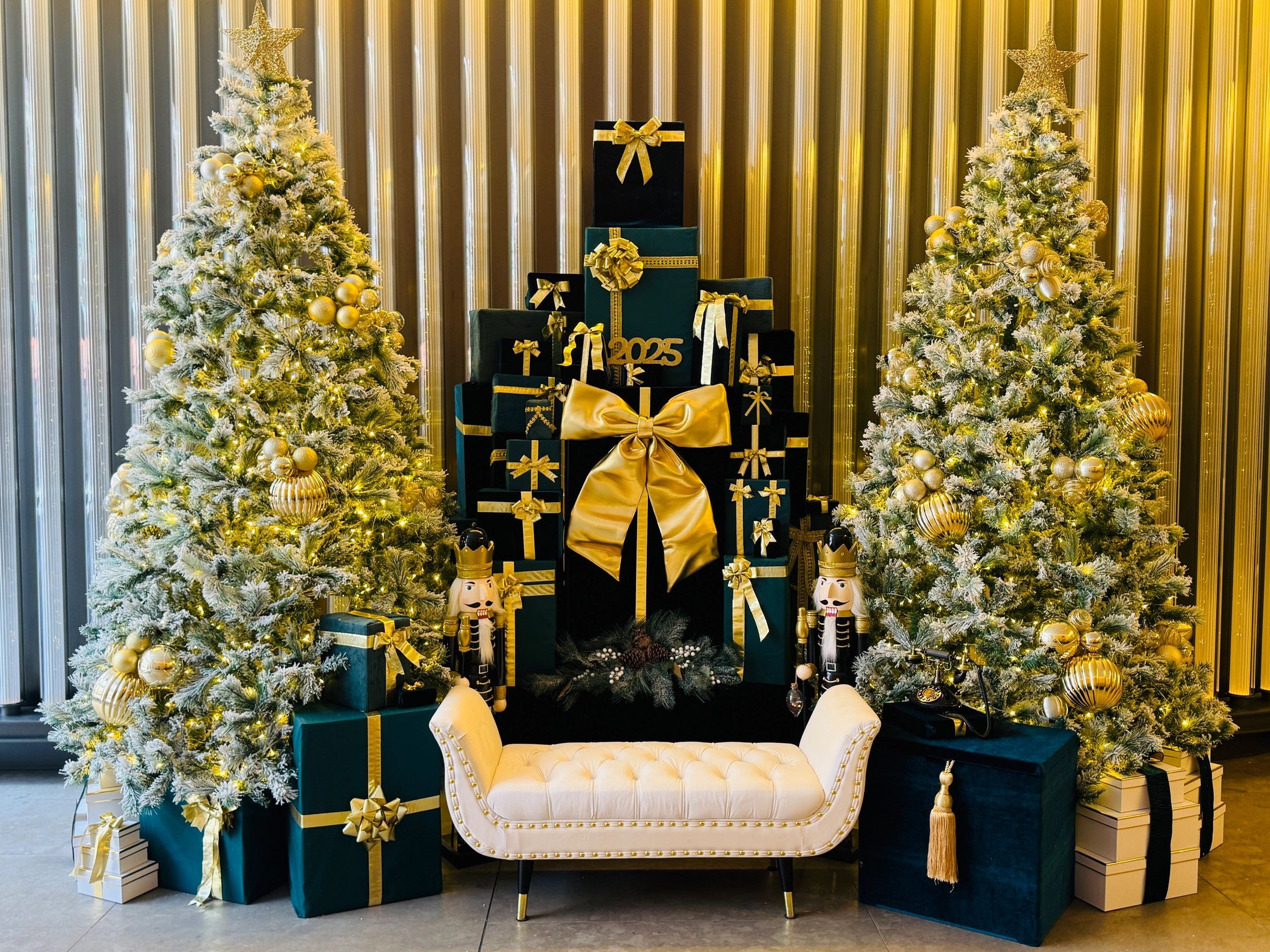 Gold and emerald Christmas tree installation